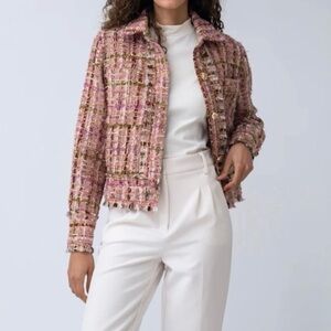 Adrienne Landau ONYX Crystal Tweed Jacket in Pink, Tan Gold Sequins Size M EUC